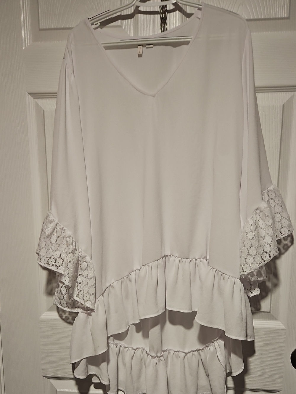 Cato White V-Neck Ruffle Top with Lace-Trim Sleeves